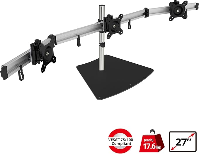 SIIG Premium Aluminum Triple Monitor Stand - Adjustable Height 3 Monitors 13" to 27" 17.6 lbs Each VESA 75 and 100 Compatible Full Motion (CE-MT2111-S1)