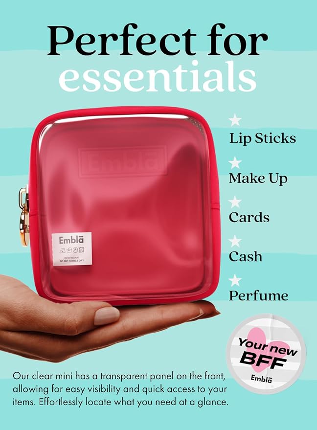 Embla Clear Cosmetic Bag Makeup Case, Clear Zipper Make Up Pouch and Toiletry Travel Tote, Cute Skincare Pouches for Women Girls, Preppy Purse Cosmetic Organizer, Mini Makeup Bags, Ruby Red
