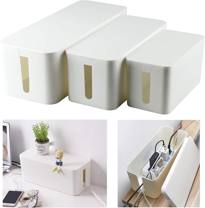 YaeCCC Cable Management Organizer Box Power Strips Hider Power Cords Hider for Desk, TV, Computer, USB Hub,Cords (Set of Three) White