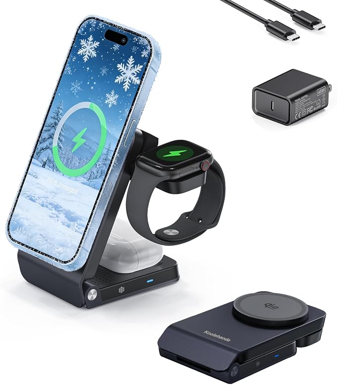 Qi2.2 25W Fast Wireless Charging Station for Apple MagSafe with TEC Cooling, 3 in 1 Foldable Travel Magnetic Charger Stand for iPhone 17-12 Series/ S26 Ultra/Pixel 10/ iWatch/AirPods (45W Adapter)