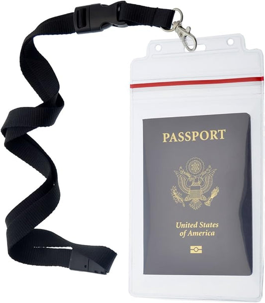 5 Pack - Passport & Vaccination Card Holder - Heavy Duty Waterproof Tear Resistant Sleeve with Zip Top & Premium Breakaway Lanyard - 4X6 Insert for Cruise, Travel, & Beach Vacation Documents (Black)