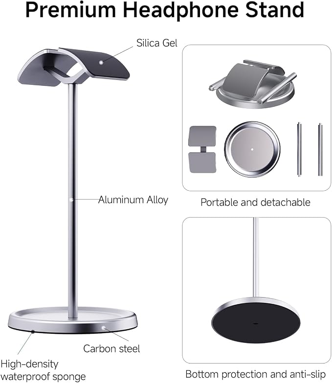 Headphone Stand for Desk, Aluminum Metal Gaming Headset Holder Hanger with Supporting Rod & Base, Headphone Stand for AirPods Max, AirPods Pro, Beats, Bose, Sennheiser, Sony and More - Silver