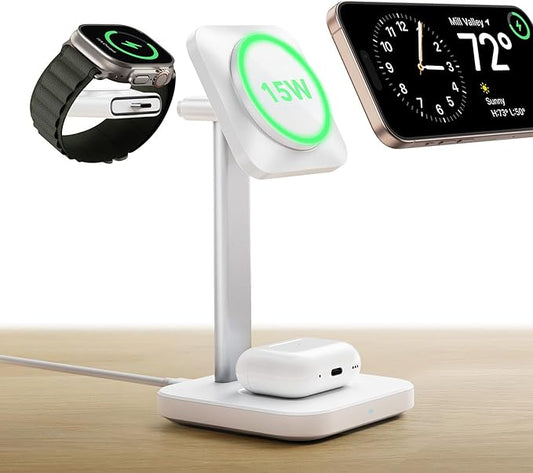 ESR Qi2 3 in 1 Wireless Charging Station, [Certified] Apple Watch Charger & 15W Qi2 MagSafe Charger Stand for iPhone, Wireless Charger for Multiple Devices iPhone 16/15/14/13&Watch&AirPods, White