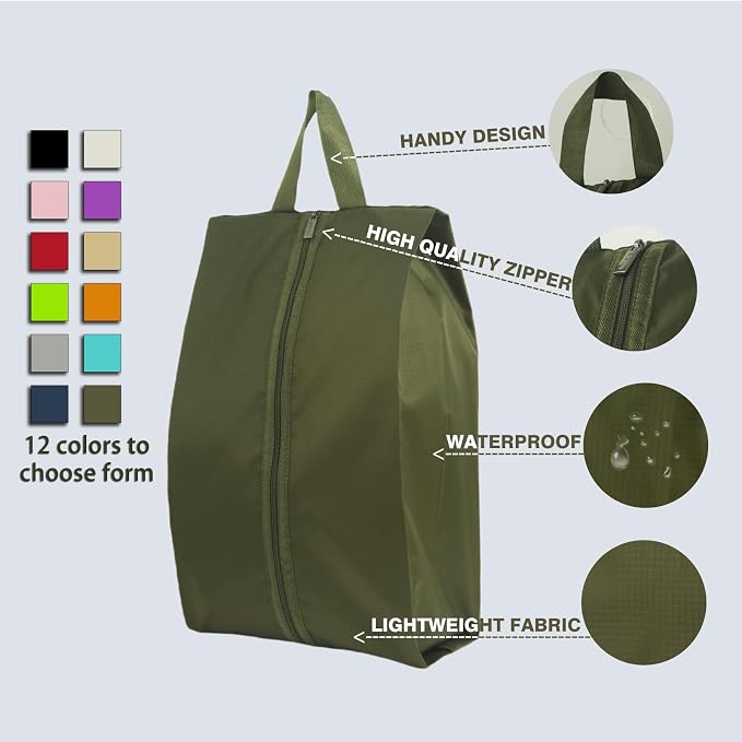6pcs Portable Shoe Organizer, Travel Pouches with Zipper, Golf Shoe Bags, Clothes Bags, Soccer Cleats Bag, Shoe Pouch for Gym, Waterproof, Odor-Resistant (Dark Green)