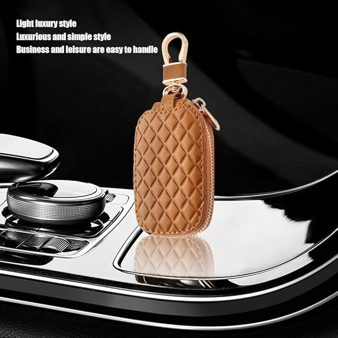 Key Fob Cover with Keychain, Key Fob Holder, Anti-Scratch Bag with Zipper, Leather Keychain Case Holder Fit Remote Key (Brown)