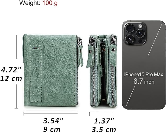 CONTACTS Soft Leather Wallet for Women and Men Small Bifold Coin Purse Double Zipper Card Holder RFID Blocking (Matcha Green)