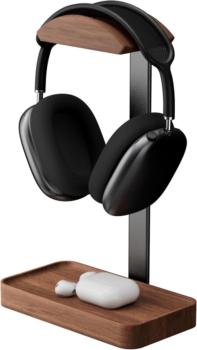 muso wood Walnut Headphone Stand, Wood Headset Stand with Storage Base, Headphones Holder for Gaming, Office, and Home Desk - Compatible with AirPods Max, Bose, Razer (Black)
