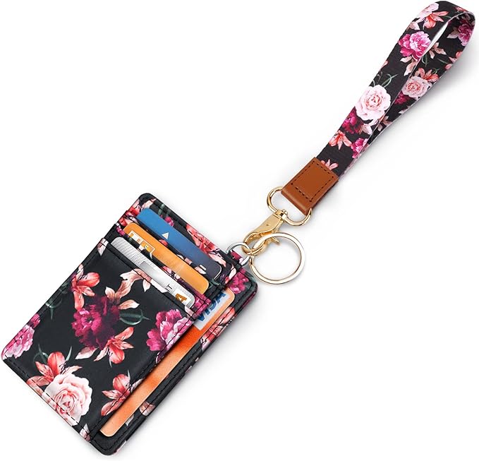 Coco Rossi Slim Front Pocket Wallet RFID ID Card Holder Cute Small Wallet with Wrist Lanyards Key Chain Holder for Women,Black Flowers