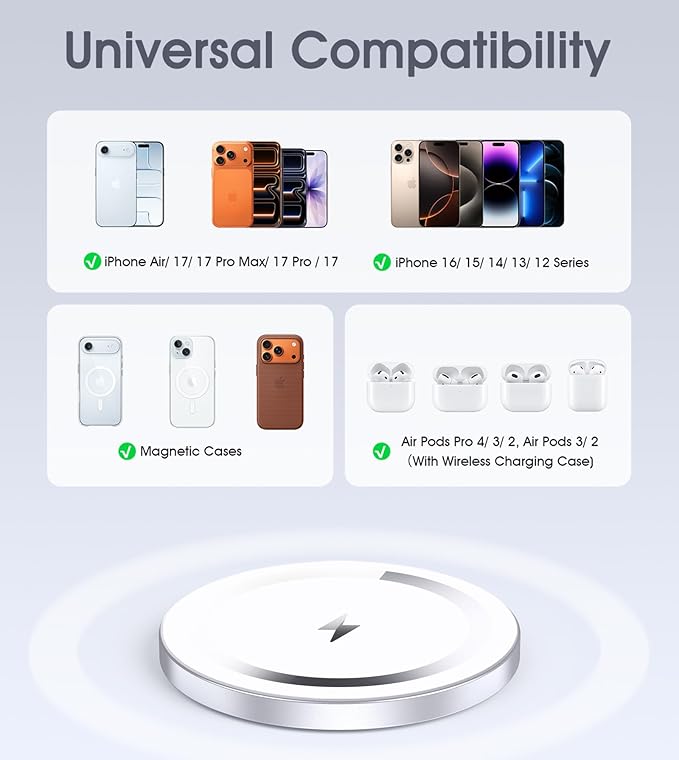WRVVR for Apple Mag-Safe Charger 2 Pack, Magnetic Wireless Charger for iPhone 17/17 Pro/17 Pro Max/Air/16 15 14 13 12 Pro Max Plus mini, Charging Pad for Airpods Pro 3 2,Strong Magnet, Silver