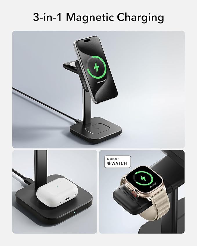 ESR 3 in 1 Wireless Charging Station for Apple[Certified] Portable Apple Watch Charger & MagSafe Charger Stand, Wireless Charger for Multiple Devices iPhone 16/15/14/13/12&Watch&AirPods, Black
