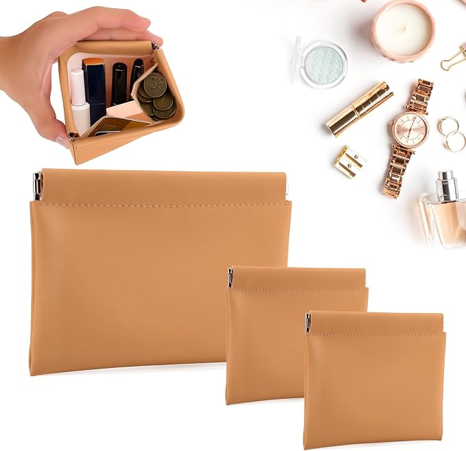 BUSOHA 3 Pack Small Makeup Bag for Purse - Mini Portable Cosmetic Bags for Women, Coin Purse Lipstick Cosmetic Accessories Organizer, Small Travel Kit Storage Pouch(Brown)