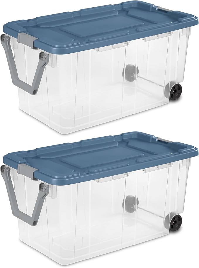 160 Quart Extra Large Clear Rolling Storage Bins 2-Pack, Blue Heavy-Duty Plastic with Locking Leakproof Lid, for Garage Basement Seasonal Storage & Transport