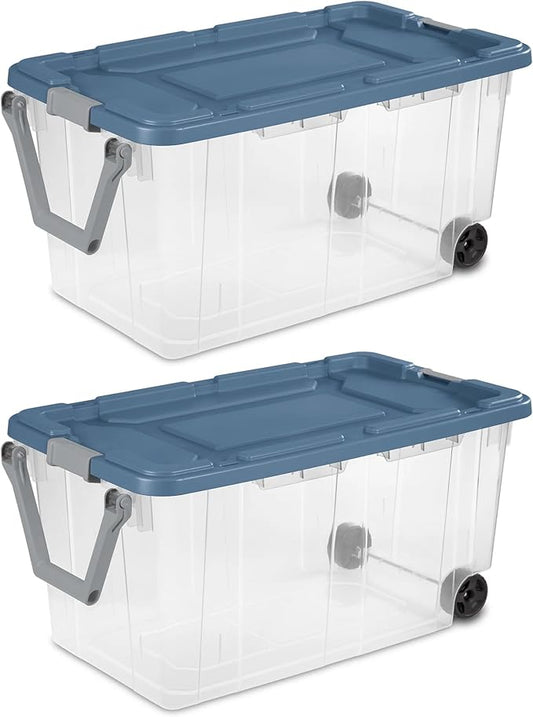 160 Quart Extra Large Clear Rolling Storage Bins 2-Pack, Blue Heavy-Duty Plastic with Locking Leakproof Lid, for Garage Basement Seasonal Storage & Transport