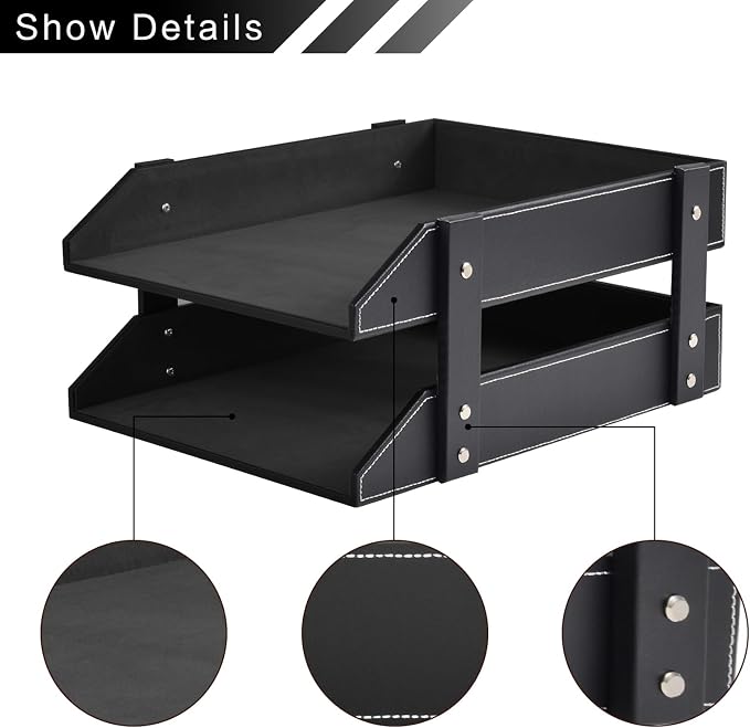 Leather Desk Organizer,2-Tier Stackable Letter Tray Holder,Office Supplies Desktop Storage Box for Document,Stationery,Magazines,Newspapers,Letters and Other Home Office Paper Sundries,Black
