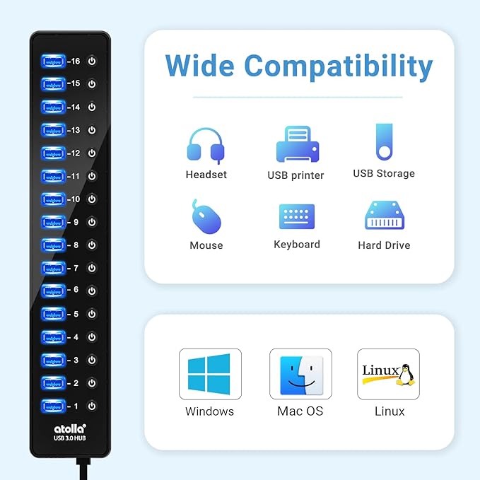 Power USB Hub 3.0, atolla 16 Port USB Splitter with 12V/6A Power Adapter and Individual Switches, High-Speed Data Transfer for Laptop, PC, Mac, and More Devices