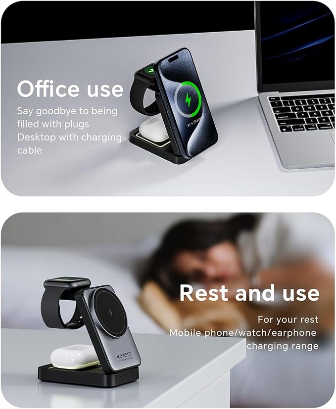 2026 Upgraded 3-in-1 Wireless Charger for iPhone,Travel Magnetic Charger Stand Nightlight Foldable Wireless Charging Station Compatible with Magsafe Charger&iPhone 17/16/15/14/13,Apple Watch&AirPods