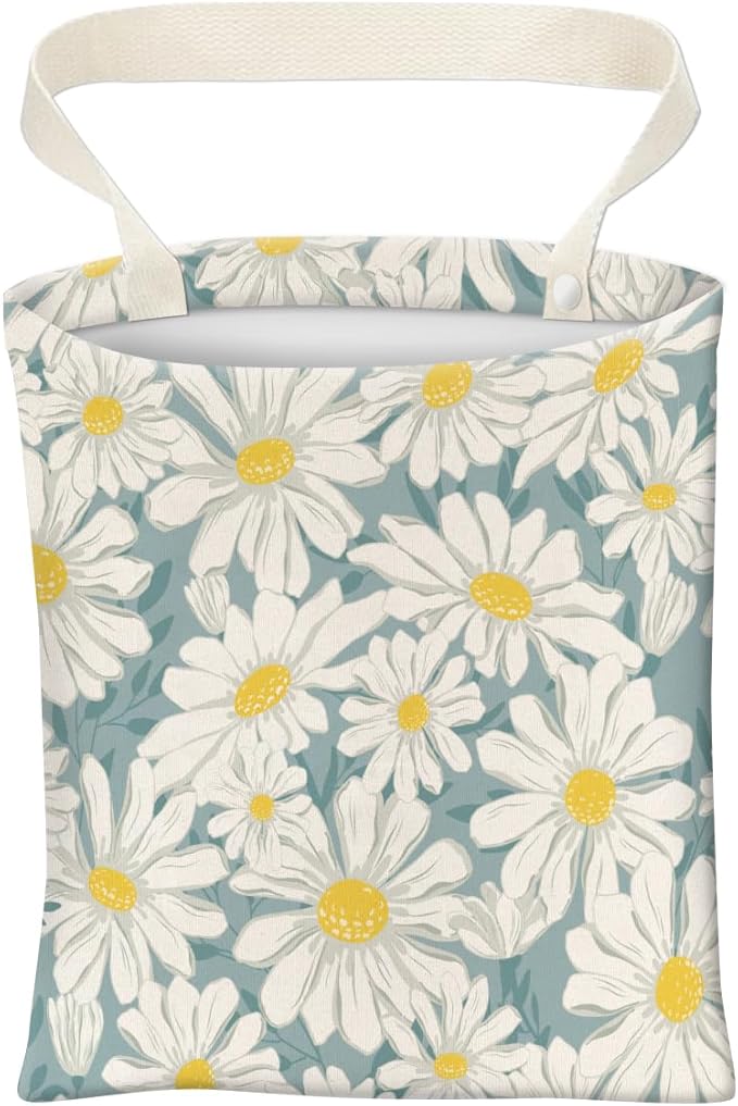 Car Trash Can, Cute Car Trash Bag, Hanging Car Organizer and Storage Bag, Trash Bin for Car Accessories, Vehicle, Travelling, Camping Cute Blue White Daisy