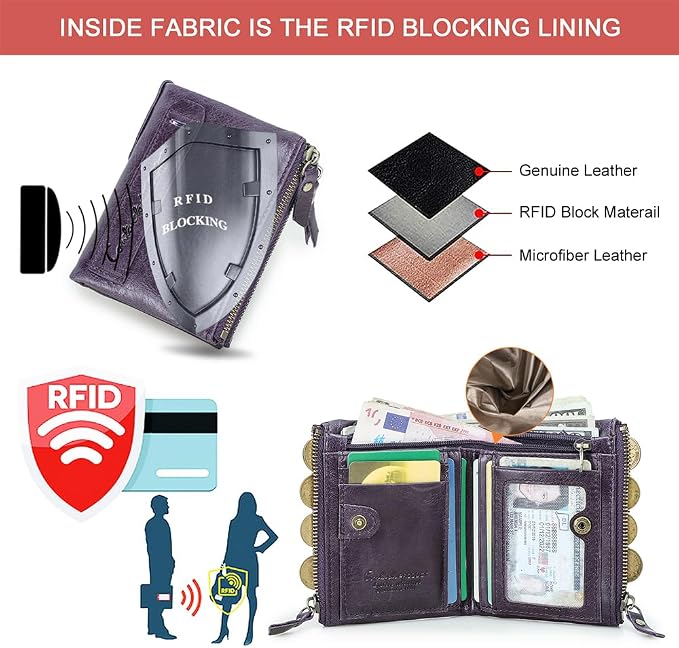 CONTACTS Soft Leather Wallet for Women Small Bifold Coin Purse Double Zipper Card Holder with RFID Blocking (Eggplant Purple)