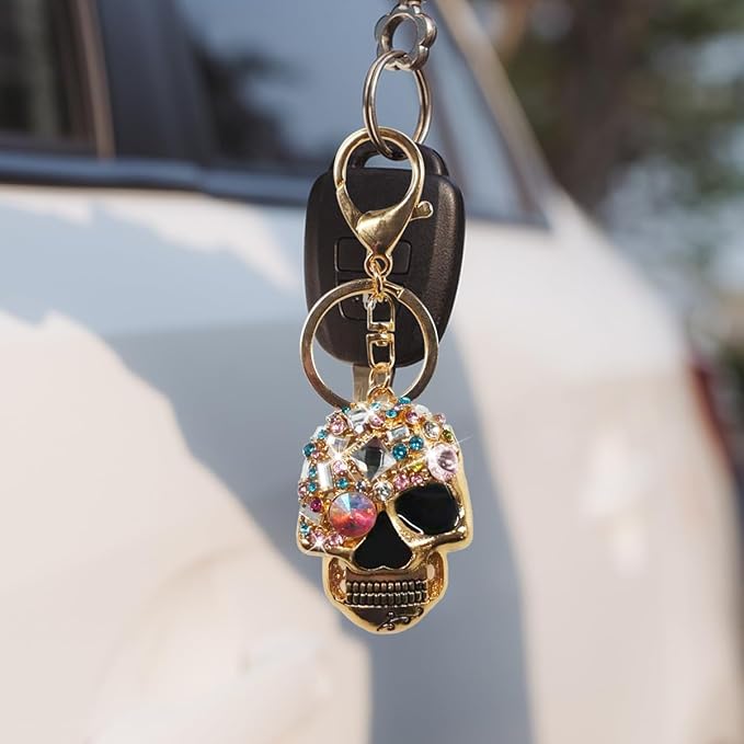 Bling Skull Car Keychain, Funny Metal Auto Key Ring Organizer, Driver Key Fob Holder Present for Men Women (Gold)