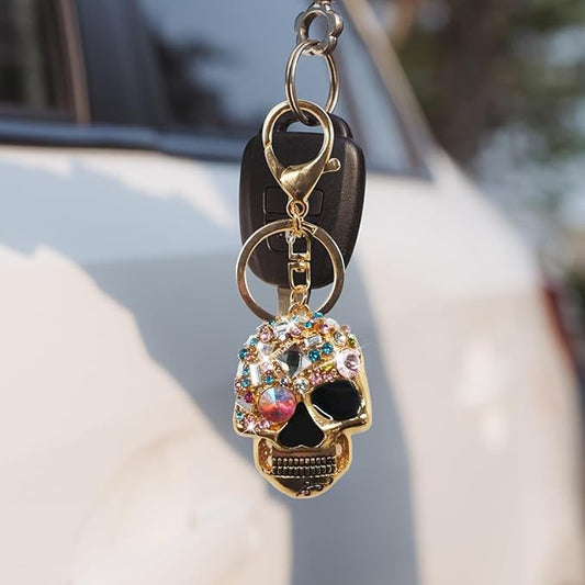 Bling Skull Car Keychain, Funny Metal Auto Key Ring Organizer, Driver Key Fob Holder Present for Men Women (Gold)