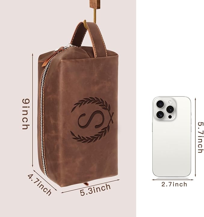 Personalized Travel Toiletry Bag for Men, Custom Initial Shaving Bag Valentines Easter Birthday Retirement Gifts for Men Dad Husband Grandpa Coworker Employee Friend Teacher Reddish Brown K