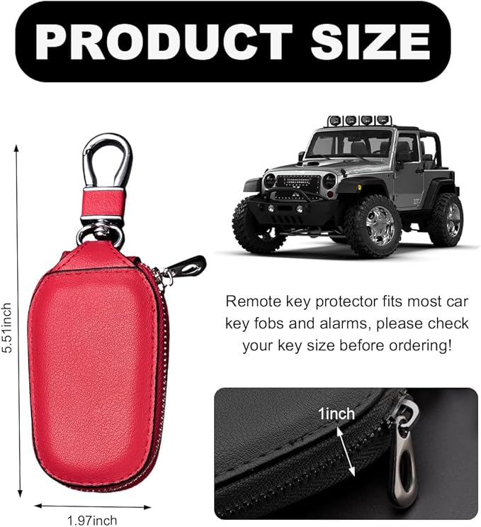 Wevdn Car Key Case, Genuine Leather Auto Smart Key Fob Holder with Metal Hook, Anti Scratch Automotive Key Protector Key Chain Zipper Bag for Remote Key Fob, Car Accessories (Red)