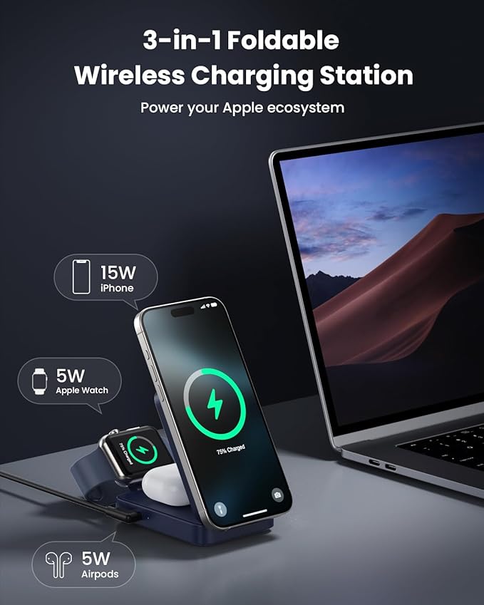 3 in 1 Wireless Charger Charging Station for iPhone,Travel Foldable Magnetic 15W Fast Wireless Charger Stand for Mag-Safe with 30W USB C Adapter for iPhone 17/16/15/14/13/12,Apple Watch,AirPods