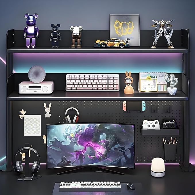 CHSSIH Clamp On Desk Pegboard Shelf - Metal Desktop Organizer Hutch with 2 Shelves for Storage and Display, Desk Add-On Shelf for Office, Dorm, or Computer Monitor Stand, Black, 39.3In