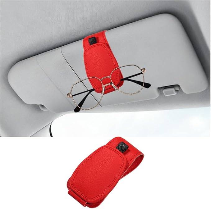 Sunglass Holder for Car Visor, Magnetic Leather Vehicle Sun Visor Storage Clip for Different Size Eyeglasses, Automotive Interior Glasses Ticket Card Clip, Universal for SUV RV Truck (Red)