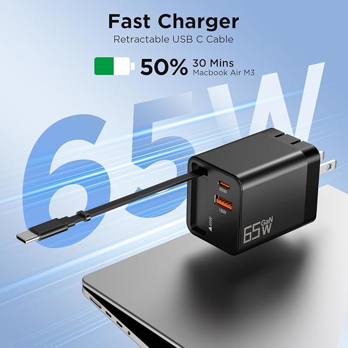 65W GaN USB C Charger with Retractable Charging Cable, 3-Port Power Adapter | Fast travel charger for MacBook, iPhone 17 16 15, Samsung Galaxy S24, iPad, multi port compact wall charging block, black