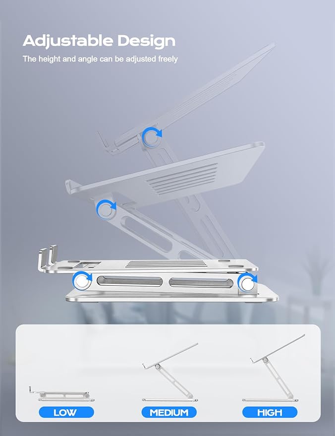 LOXP Adjustable Laptop Stand, Portable Laptop Riser, Aluminum Laptop Stand for Desk Foldable, Ergonomic Computer Notebook Holder for Desk, Office Desk Accessories (10-15.6'')- Silver
