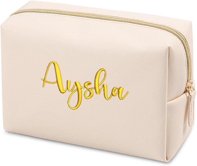 GOPHIE Personalized Embroidered Makeup Bag, Toiletry Bag for Women, Large Cosmetic Travel Bag, Gift For Bridesmaid, Beige
