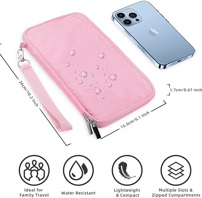 WALNEW RFID Family Passport Holder Wallet with Tracker/AirTag Holder, Travel Document Organizer Zipper Pouch with Wristlet and Cross Body Straps for Women Men