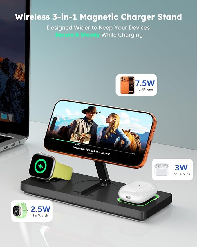 Foldable 3 in 1 Charging Station for Magsafe, Magnetic Phone and Watch Charger Stand for Apple Devices, Wireless Desk Charger Dock for iPhone 17 16 15 14 13 12 Series, Apple Watch and Airpods