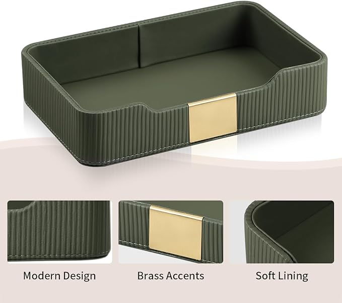 Valet Tray Desktop Storage Organizer, PU Leather Catchall Bedside Vanity Tray with Brass Accents Block Nightstand Organizer for Keys Watch Wallet Phone, Decorative Nightstand Storage (Green)