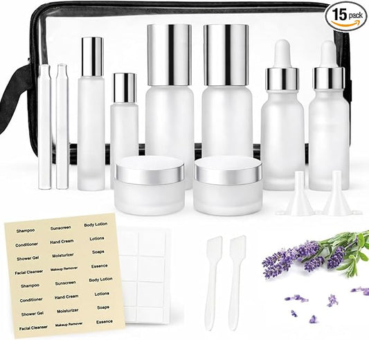Glass Travel Bottles for Toiletries, TSA Approved Travel Size Containers, Refillable, BPA Free Leak-Proof Bottles with Pump Spray Dropper & Roll-On for Toners, Creams, and Oils (Silver)
