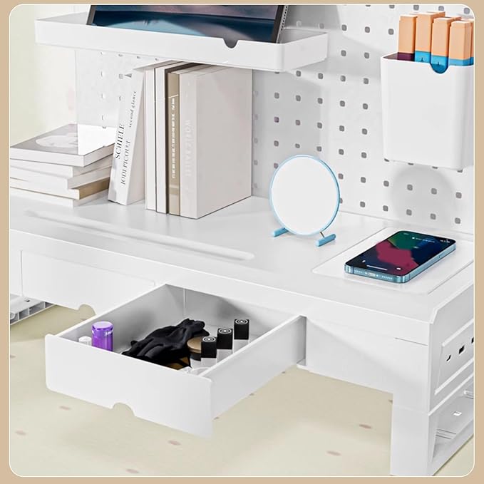 Desk Shelves, Desk Pegboard, Monitor Stand with 3 Drawers, for Gaming & Office, Standing Desk Accessories, for Laptop, Computer(White)