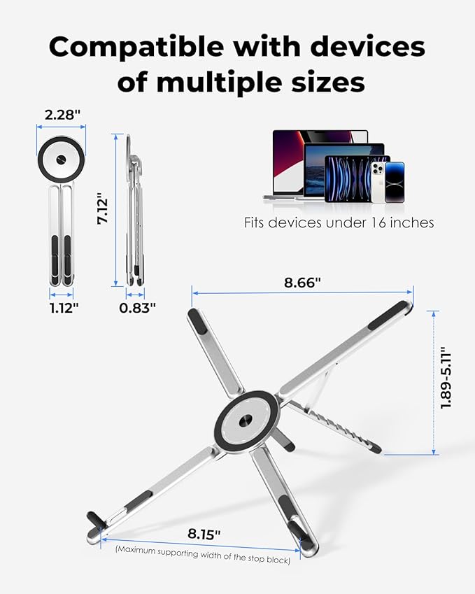 Viozon Portable Laptop Stand for Desk, Foldable Adjustable Computer Riser with Magnetic Phone Holder, Aluminum Laptop Stand for 10–16” Laptops & 4–13” Phones/Tablets (Silver)