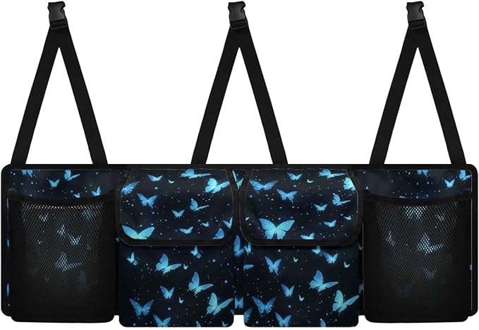 Blue Butterfly Print Car Trunk Organizer with 4 Pockets Hanging Car Backseat Storage Bag Detachable Car Storage Accessories for SUV Sedans Hatchback Crossover Minivan