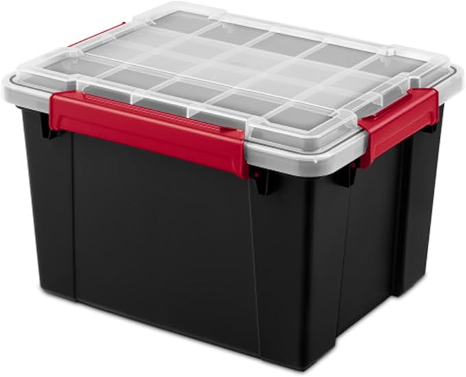 Sterilite 8 Pack Gasket Box, Stackable Plastic 8.5 Gallon Storage Container with Lids, Black - Waterproof and Dustproof Tote for Home Organization