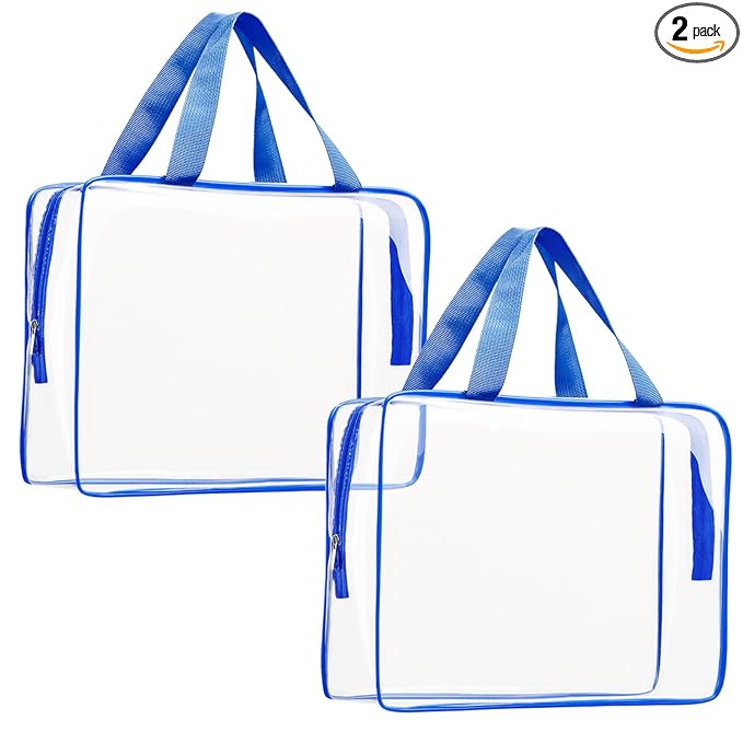 2Pcs Crystal Clear PVC Travel Toiletry Bag Kit for Women Men, Waterproof Vinyl Packing Organizer Storage Bags with Zipper Handle Straps, Cosmetic Pouch Carry on Airport Airline Compliant Bag Handbag