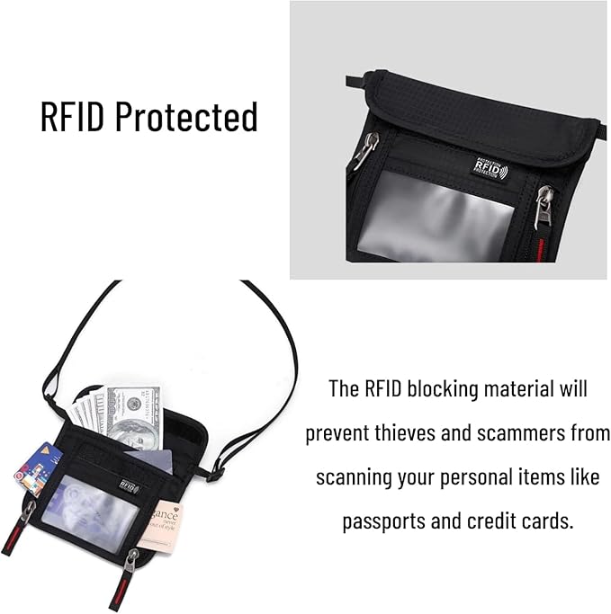 Passport Holder for Travel Pouch Neck Wallet for Traveling Women Men with RFID Blocking Waterproof and Slim Neck Pouch Adjustable Neck Strap (Black(Red zipper))