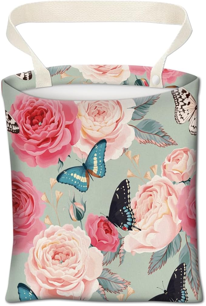 Car Trash Can, Cute Car Trash Bag, Hanging Car Organizer and Storage Bag, Trash Bin for Car Accessories, Vehicle, Travelling, Camping Cute Flower and Butterfly