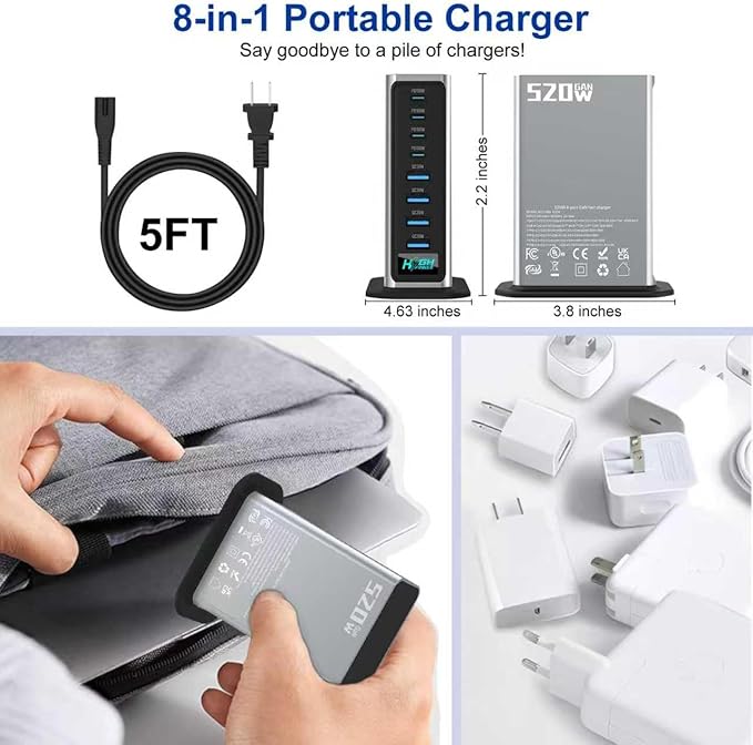 520W USB C Charger Station, 8-Port (4C+4A) GaN Fast Charger Block, 100W PD PPS for MacBook/iPad/iPhone, with PFC & Anti-Slip Base, Ventilation Design, Include 1.5M 100W Cable & Cable Organizer