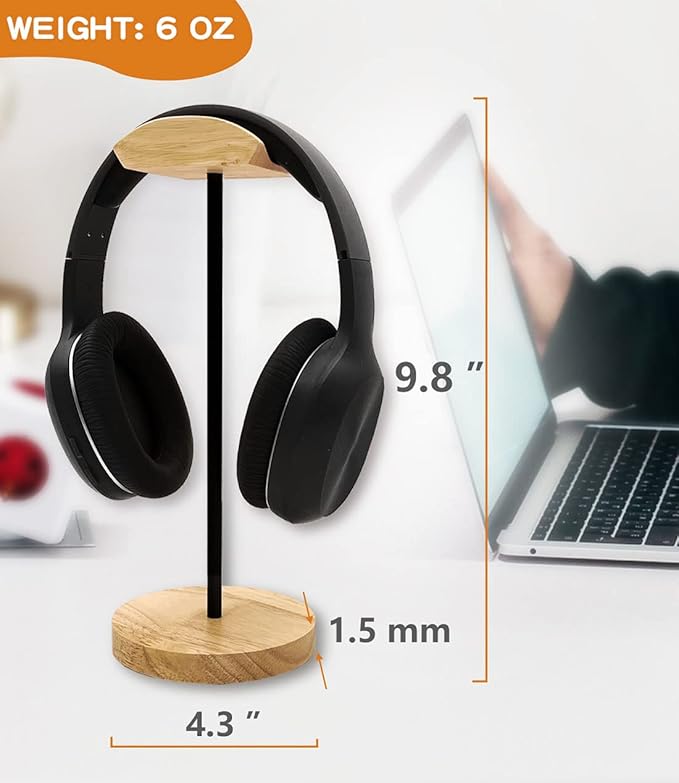 Headphone Stand Nature Wood & Metal Headset Hanger Mount Hook Gaming Holder Desktop Earphone Artful Functional Craftmanship Stand for All Headsets with Solid Wooden Base