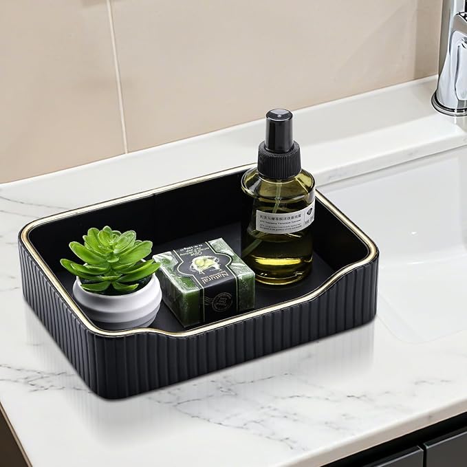 KINGFOM Prefume Tray, PU Leather Valet Tray Nightstand Organizer Perfume Trays for Men Women, Table Centerpieces Decorative Vanity Trays, Desk Organizer Tray for Key Jewelry Cosmetics (Black)
