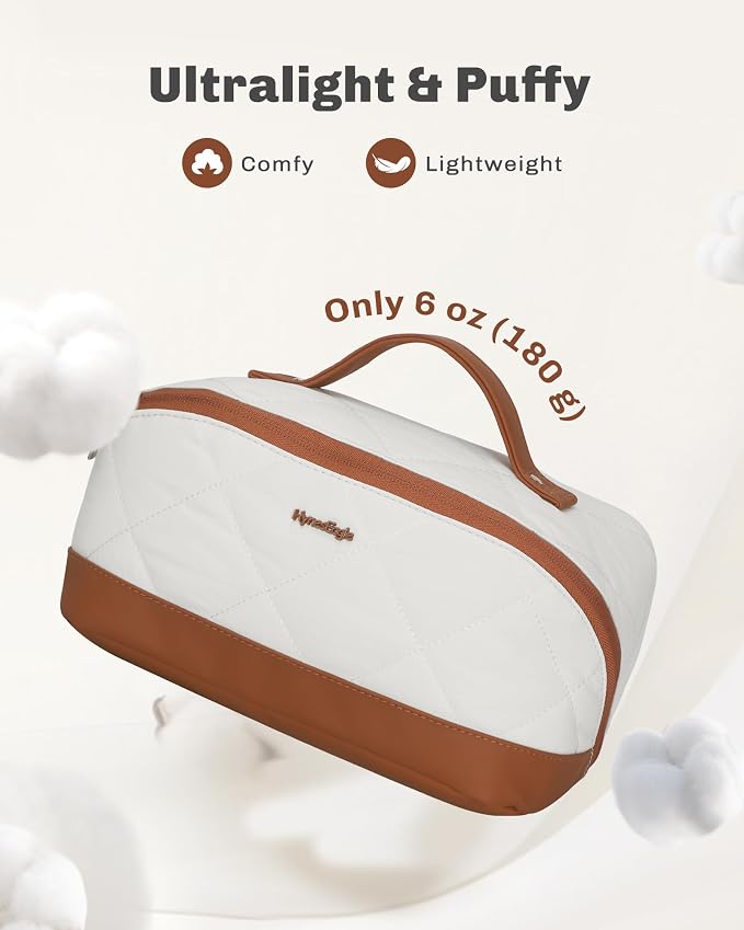 Hynes Eagle Travel Makeup Bag for Women Puffy Cosmetic Organizer Pouch Open Flat Toiletry Bag for Toiletries Brushes Structured Base White