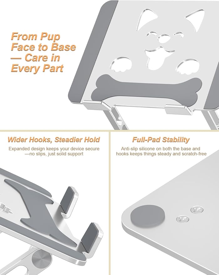 Laptop Stand for Desk-Adjustable, Foldable, Portable, Ergonomic Aluminum Notebook Riser with Unique Puppy Cooling Vent, Desk Gift for 10-17.3" Devices Mac, Dell, HP, Lenovo, Samsung, Silver