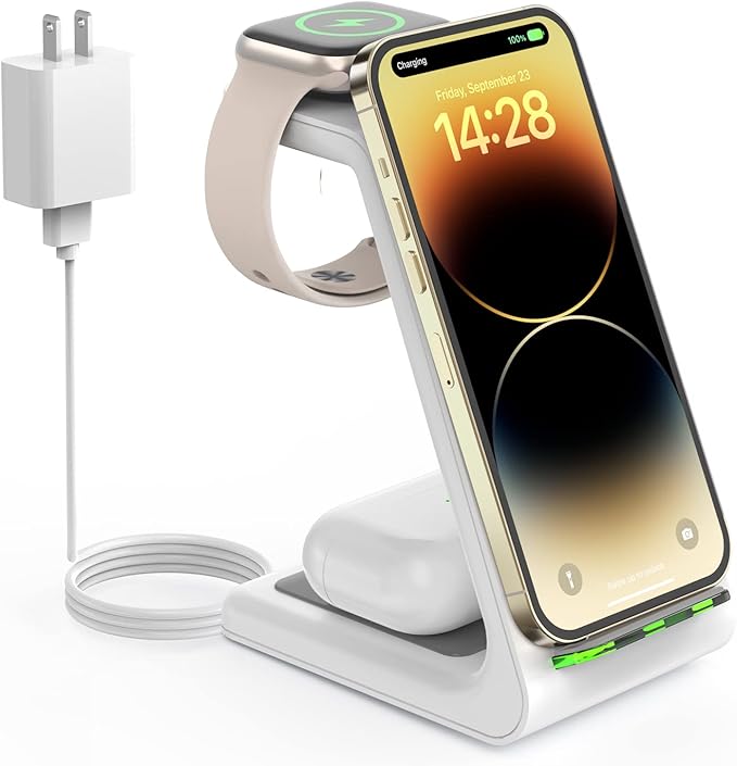 Wireless Charging Station for Apple - 3 in 1 Wireless Charger Stand Dock Watch and Phone Charger Station for Apple Watch 11/8/7/SE/6/5/4/3/2, iPhone 17 Air 16-12 Pro Max SE XS X, Samsung, AirPods