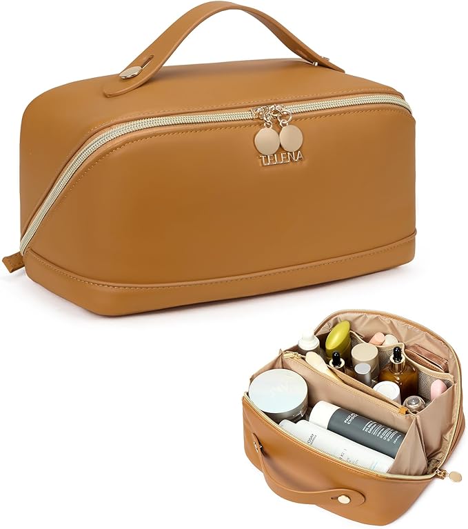 Telena Leather Make Up Bag Portable Travel Makeup Bag Waterproof Cosmetic Bags for Women Large Capacity With Handle and Divider Open Lay Flat